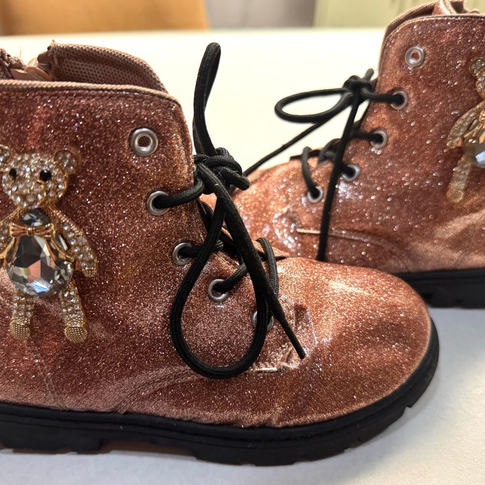 Kids Glitter Lace-Up Boots with Teddy Jewel Accent - Rose Gold